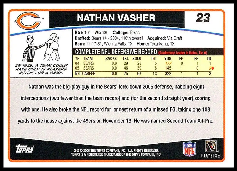 2006 Topps #23 Nathan Vasher NM-MT Chicago Bears Football Card - Football Card Single