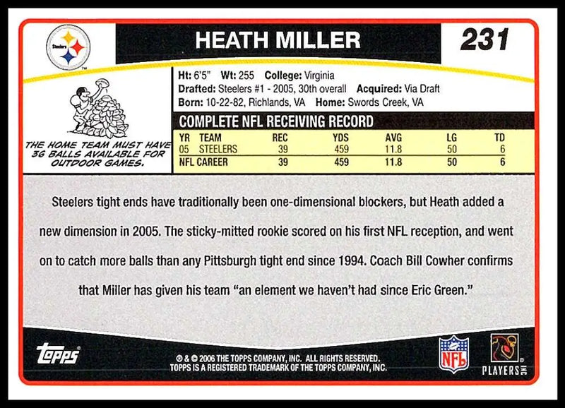2006 Topps #231 Heath Miller NM-MT Pittsburgh Steelers Football Card - Football Card Single