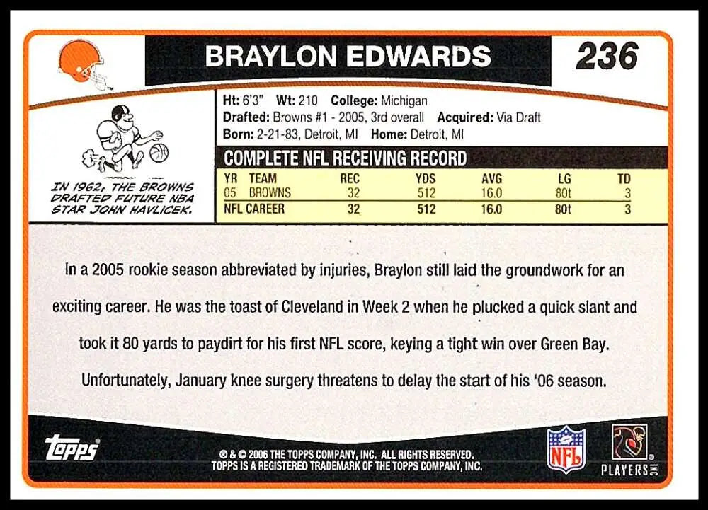 2006 Topps #236 Braylon Edwards NM-MT Cleveland Browns Football Card - Football Card Single