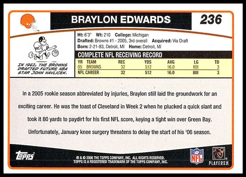 2006 Topps #236 Braylon Edwards NM-MT Cleveland Browns Football Card - Football Card Single