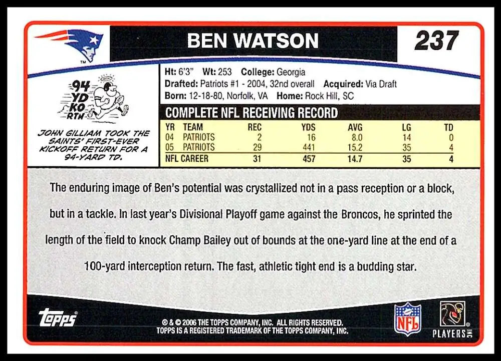 2006 Topps #237 Ben Watson NM-MT New England Patriots Football Card