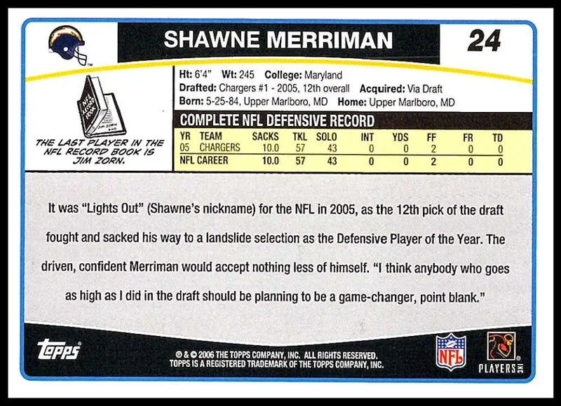 2006 Topps #24 Shawne Merriman NM-MT San Diego Chargers Football Card - Football Card Single