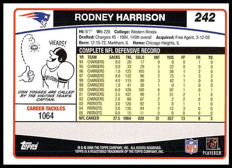 2006 Topps #242 Rodney Harrison NM-MT New England Patriots Football Card - Football Card Single