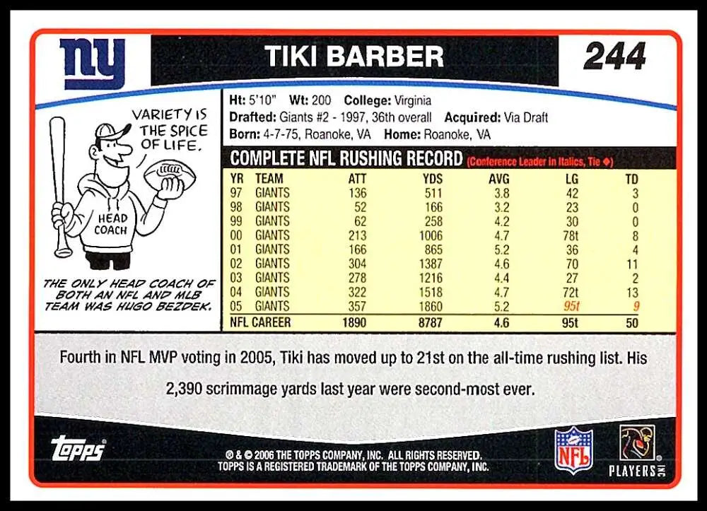 2006 Topps #244 Tiki Barber NM-MT New York Giants Football Card - Football Card Single