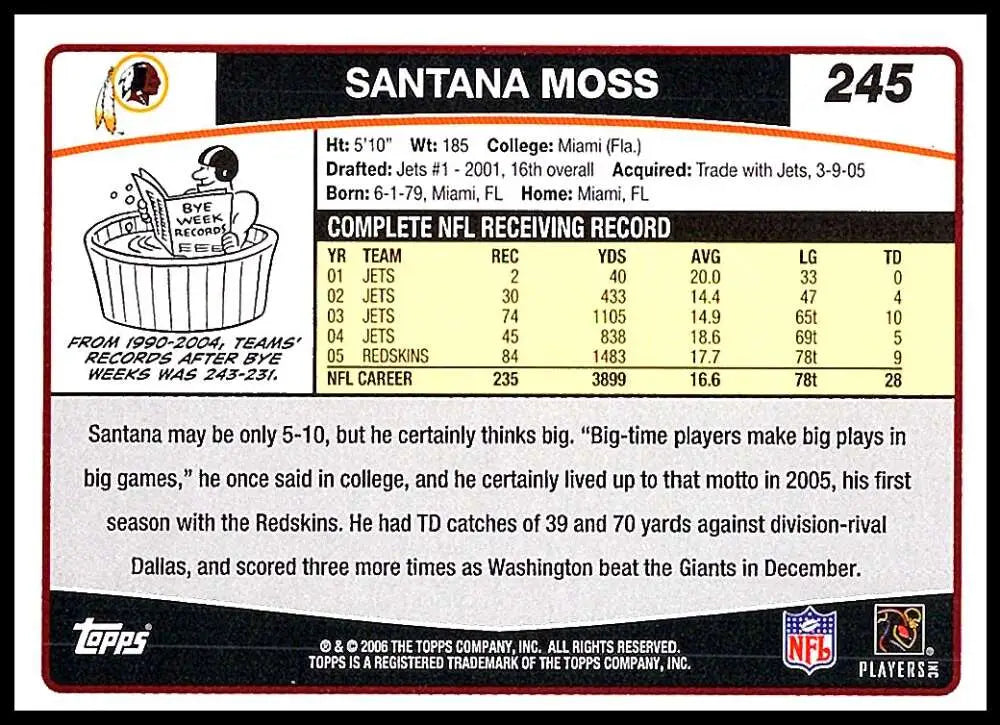 2006 Topps #245 Santana Moss NM-MT Washington Redskins Football Card - Football Card Single