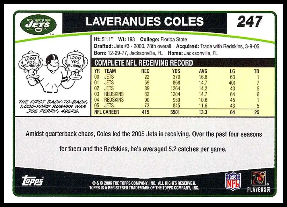 2006 Topps #247 Laveraneas Coles NM-MT New York Jets Football Card - Football Card Single