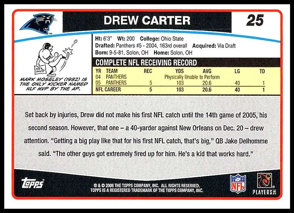 2006 Topps #25 Drew Carter NM-MT Carolina Panthers Football Card - Football Card Single