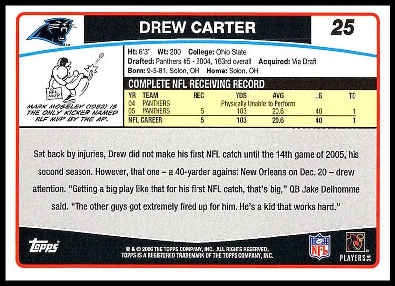 2006 Topps #25 Drew Carter NM-MT Carolina Panthers Football Card - Football Card Single