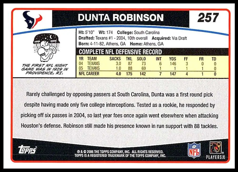 2006 Topps #257 Dunta Robinson NM-MT Houston Texans Football Card - Football Card Single