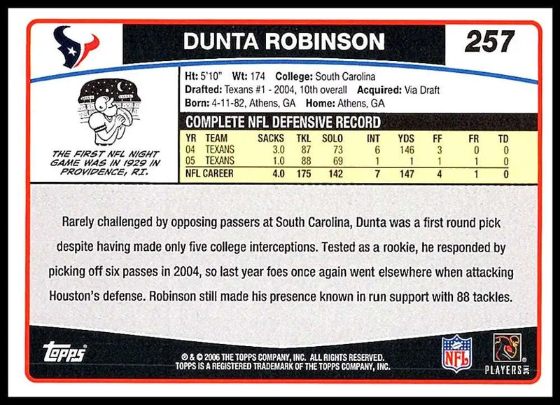 2006 Topps #257 Dunta Robinson NM-MT Houston Texans Football Card - Football Card Single