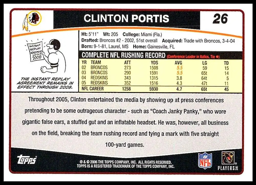 2006 Topps #26 Clinton Portis NM-MT Washington Redskins Football Card - Football Card Single