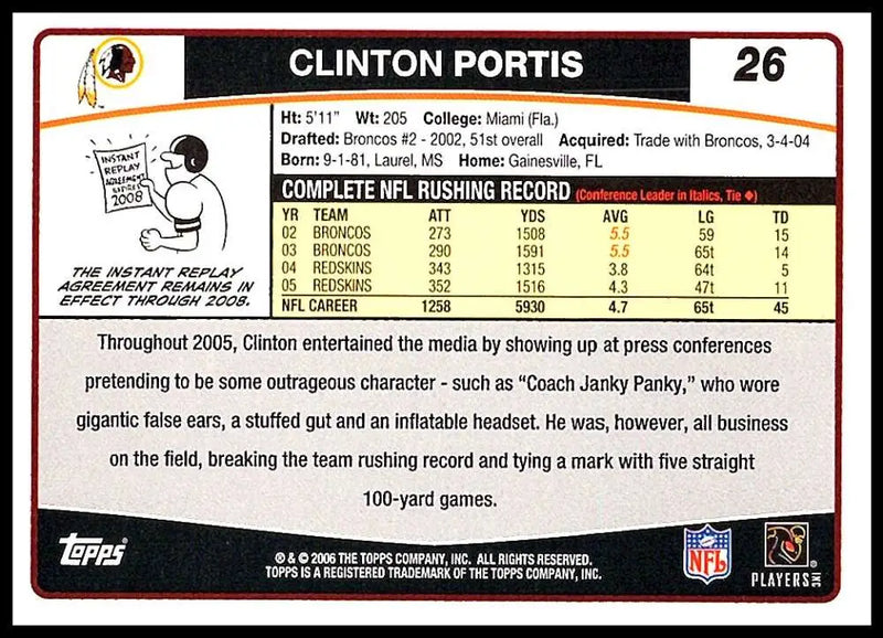 2006 Topps #26 Clinton Portis NM-MT Washington Redskins Football Card - Football Card Single