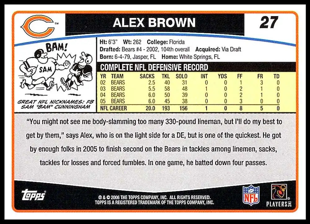 2006 Topps #27 Alex Brown NM-MT Chicago Bears Football Card - Football Card Single