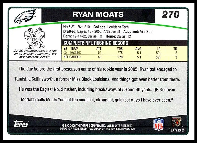 2006 Topps #270 Ryan Moats NM-MT Philadelphia Eagles Football Card - Football Card Single