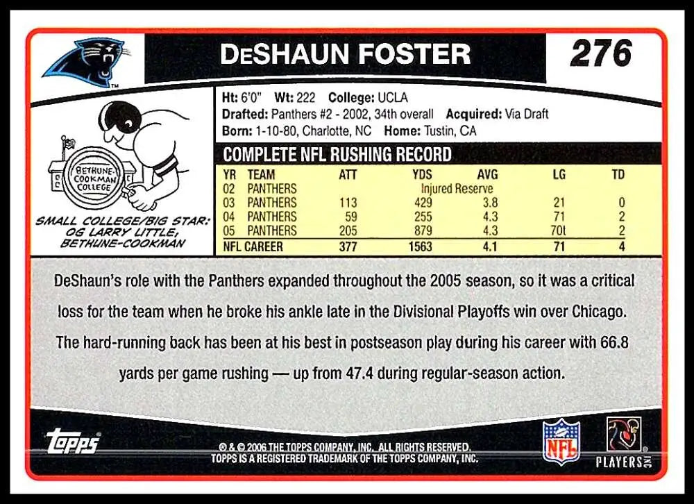 2006 Topps #276 DeShaun Foster NM-MT Carolina Panthers Football Card - Football Card Single