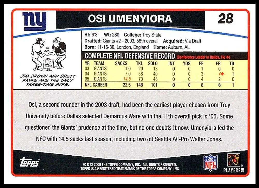 2006 Topps #28 Osi Umenyiora NM-MT New York Giants Football Card - Football Card Single