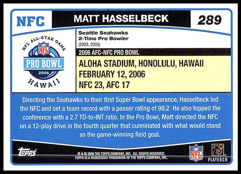 2006 Topps #289 Matt Hasselbeck NM-MT Seattle Seahawks Football Card - Football Card Single