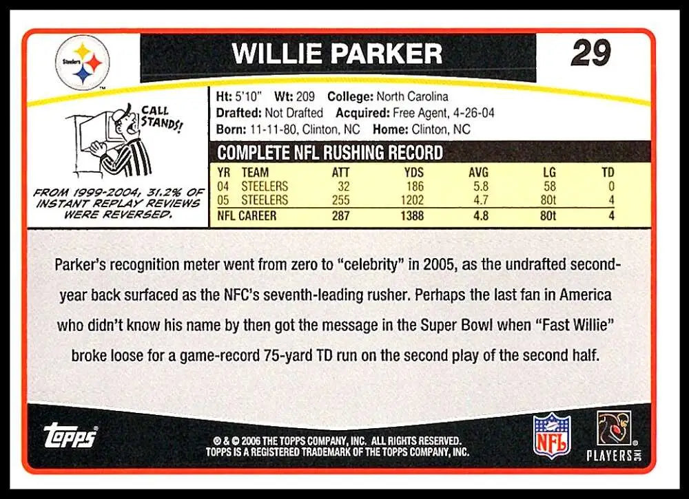 2006 Topps #29 Willie Parker NM-MT Pittsburgh Steelers Football Card - Football Card Single