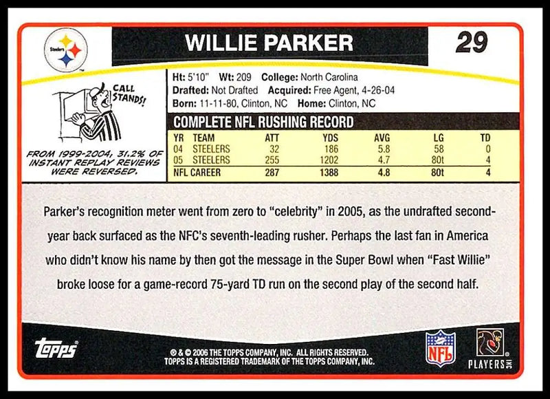 2006 Topps #29 Willie Parker NM-MT Pittsburgh Steelers Football Card - Football Card Single