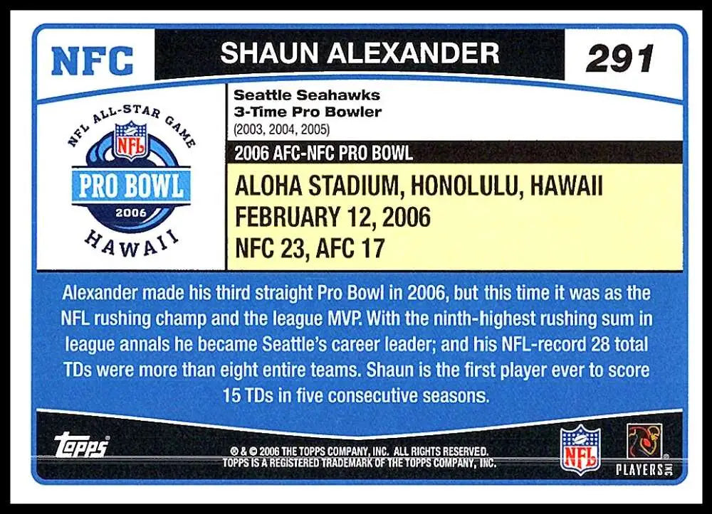 2006 Topps #291 Shaun Alexander NM-MT Seattle Seahawks Football Card - Football Card Single