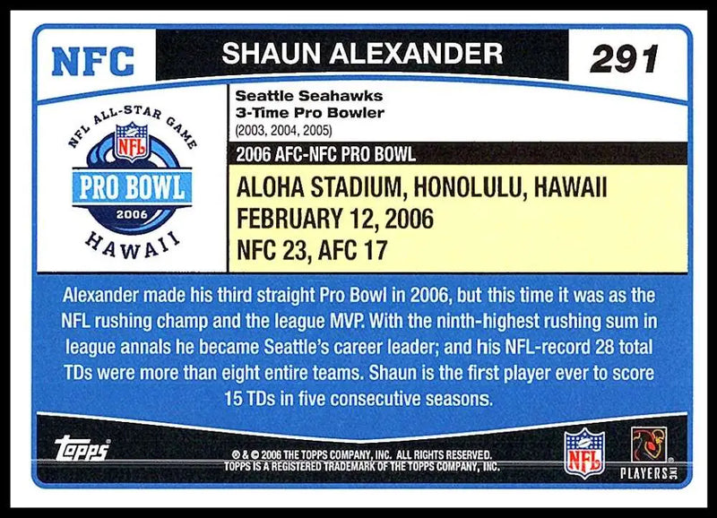 2006 Topps #291 Shaun Alexander NM-MT Seattle Seahawks Football Card - Football Card Single