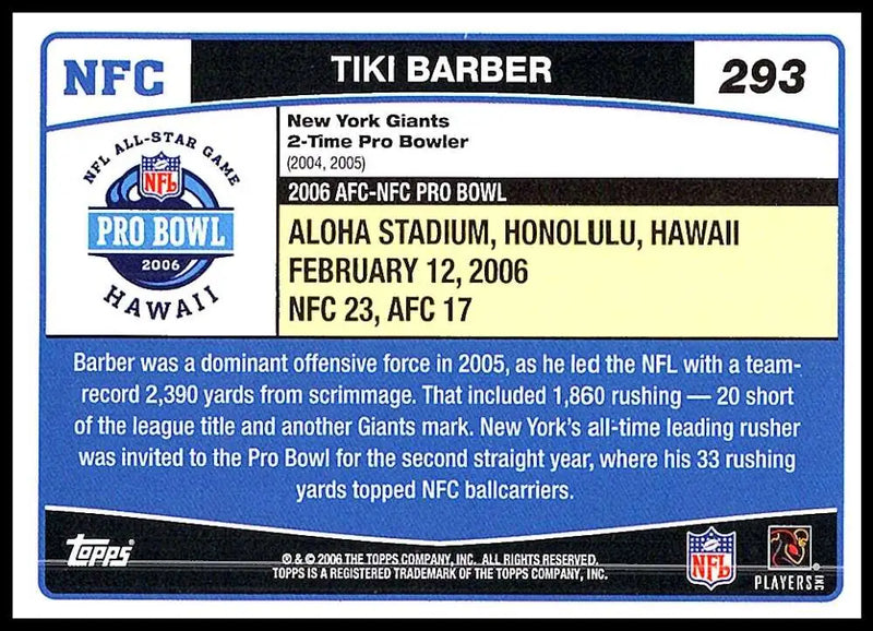 2006 Topps #293 Tiki Barber NM-MT New York Giants Football Card - Football Card Single