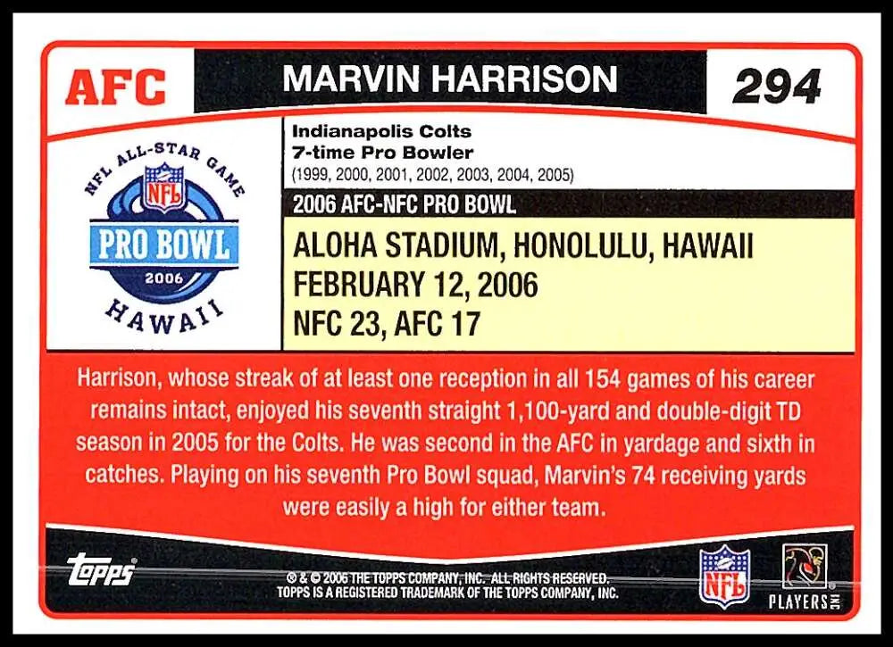 2006 Topps #294 Marvin Harrison NM-MT Indianapolis Colts Football Card