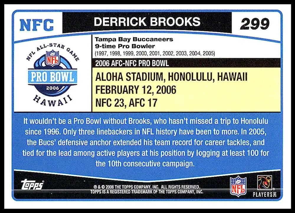 2006 Topps #299 Derrick Brooks NM-MT Tampa Bay Buccaneers Football Card - Football Card Single