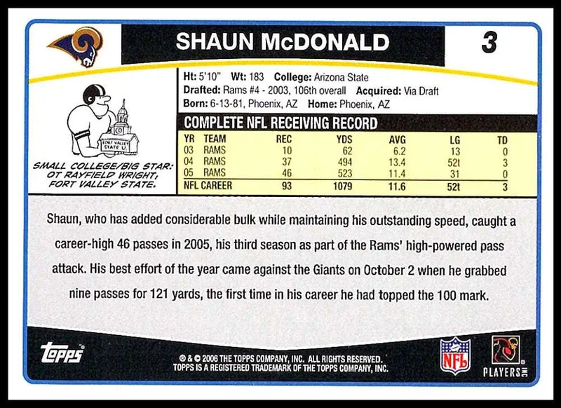 2006 Topps #3 Shaun McDonald NM-MT St. Louis Rams Football Card - Football Card Single