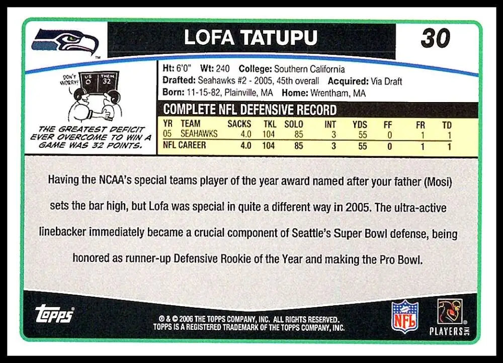 2006 Topps #30 Lofa Tatupu NM-MT Seattle Seahawks Football Card - Football Card Single