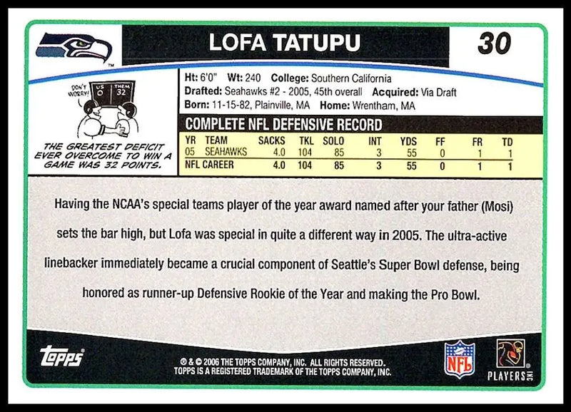 2006 Topps #30 Lofa Tatupu NM-MT Seattle Seahawks Football Card - Football Card Single