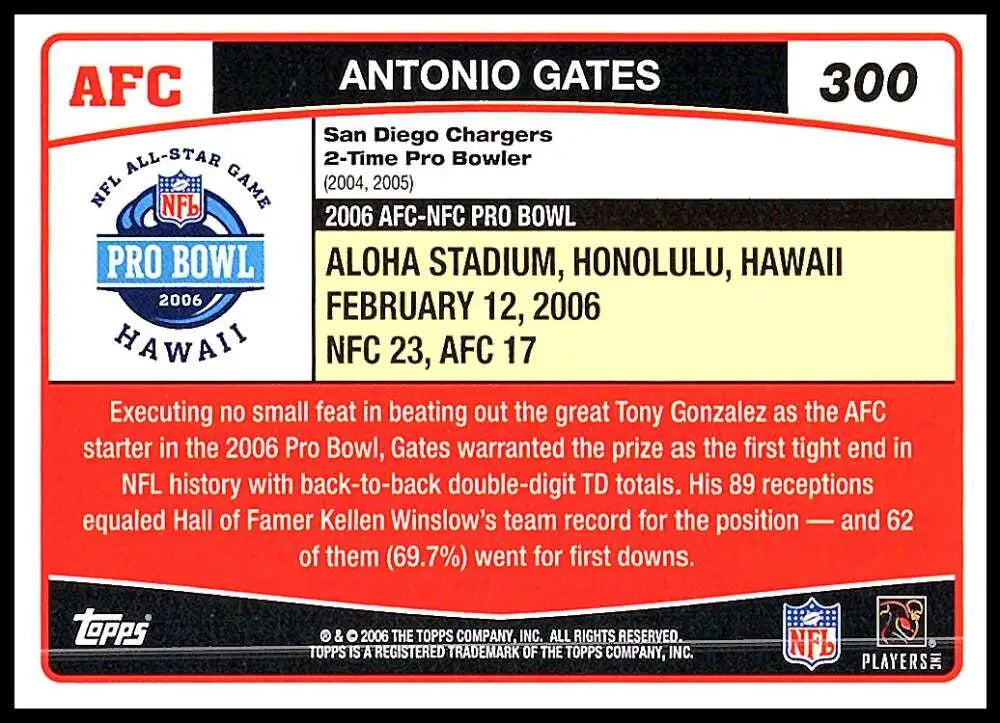 2006 Topps #300 Antonio Gates NM-MT San Diego Chargers Football Card - Football Card Single