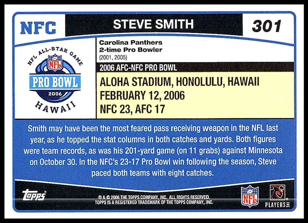 2006 Topps #301 Steve Smith NM-MT Carolina Panthers Football Card - Football Card Single