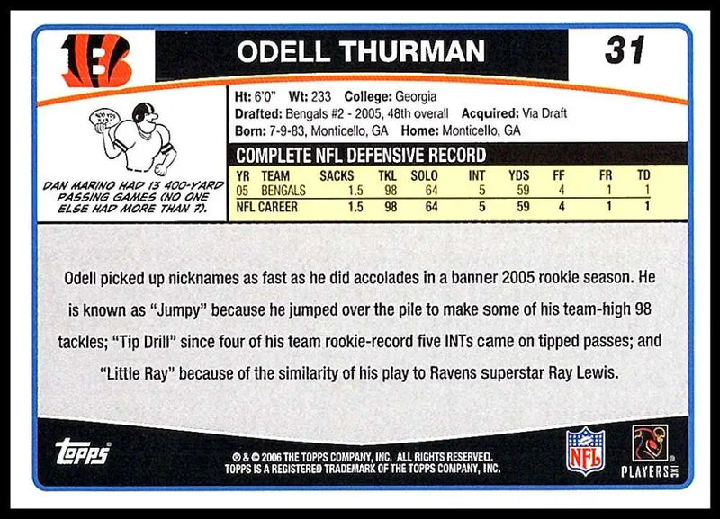 2006 Topps #31 Odell Thurman NM-MT Cincinnati Bengals Football Card - Football Card Single
