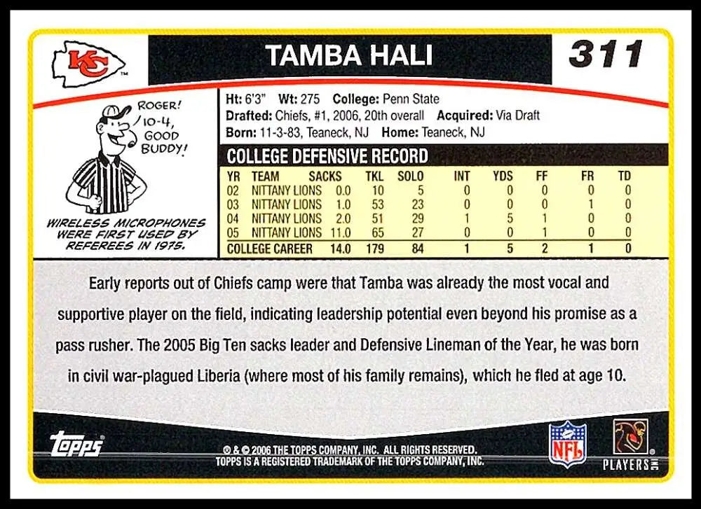 2006 Topps #311 Tamba Hali NM-MT RC Rookie Kansas City Chiefs Football Card - Football Card Single