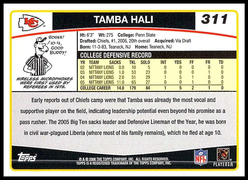 2006 Topps #311 Tamba Hali NM-MT RC Rookie Kansas City Chiefs Football Card - Football Card Single