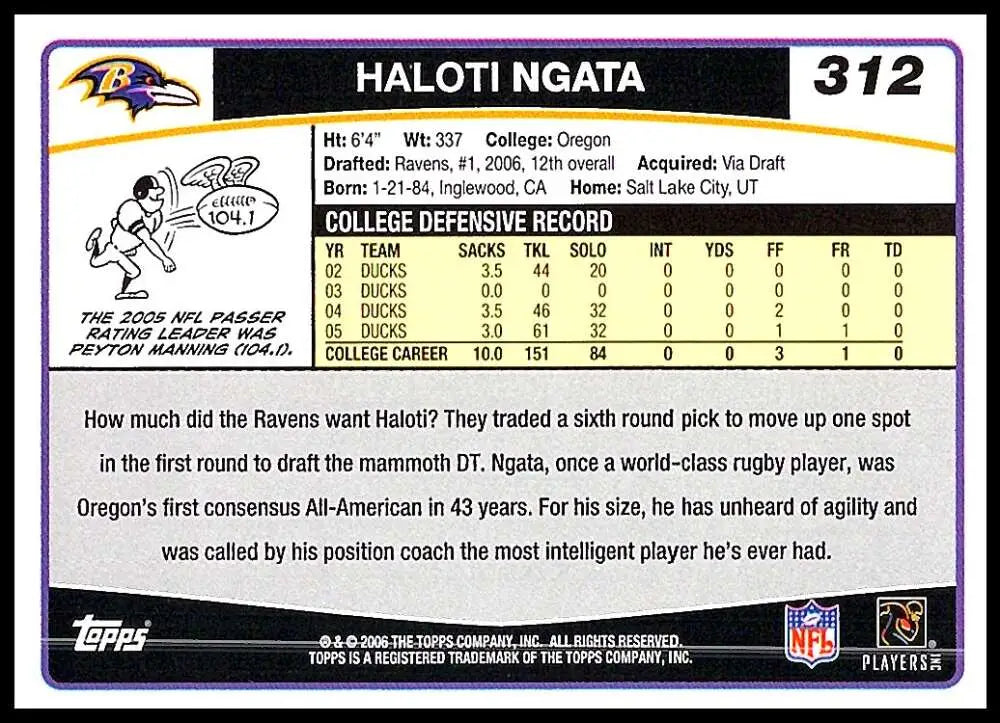 2006 Topps #312 Haloti Ngata NM-MT RC Rookie Baltimore Ravens Football Card - Football Card Single