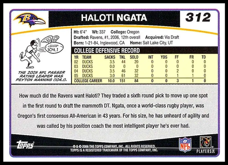 2006 Topps #312 Haloti Ngata NM-MT RC Rookie Baltimore Ravens Football Card - Football Card Single