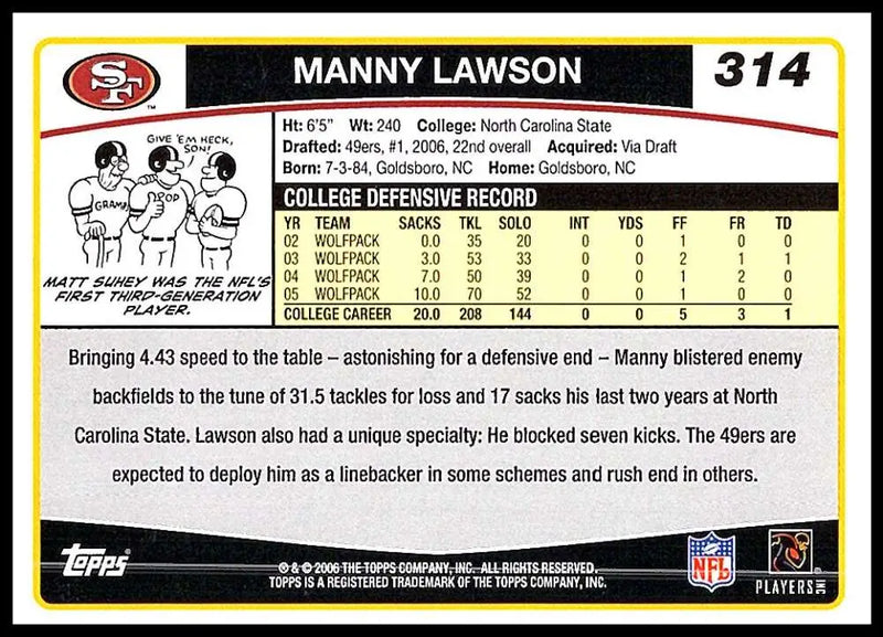 2006 Topps #314 Manny Lawson NM-MT RC Rookie San Francisco 49ers Football Card - Football Card Single