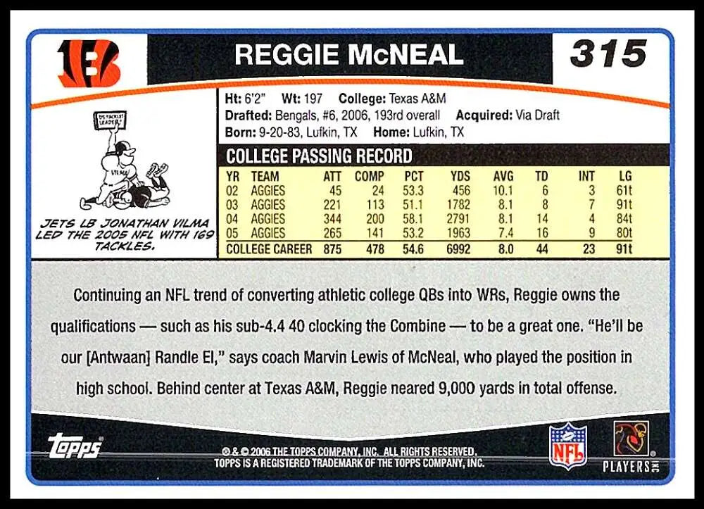 2006 Topps #315 Reggie McNeal NM-MT RC Rookie Cincinnati Bengals Football Card - Football Card Single