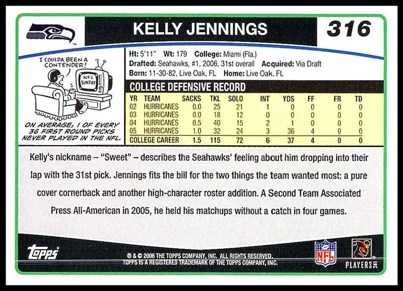 2006 Topps #316 Kelly Jennings NM-MT RC Rookie Seattle Seahawks Football Card - Football Card Single