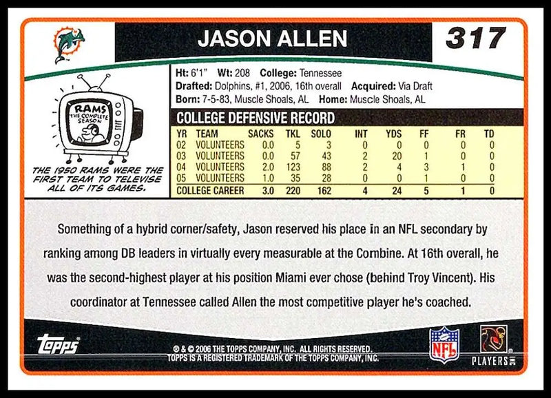 2006 Topps #317 Jason Allen NM-MT RC Rookie Miami Dolphins Football Card - Football Card Single