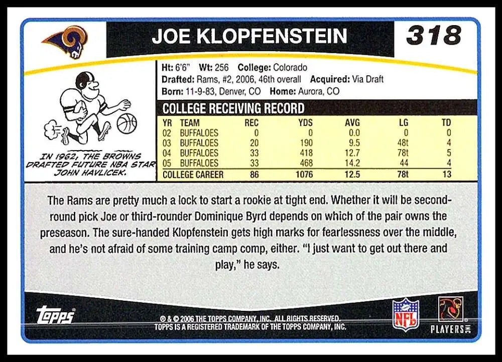 2006 Topps #318 Joe Klopfenstein NM-MT RC Rookie St. Louis Rams Football Card - Football Card Single