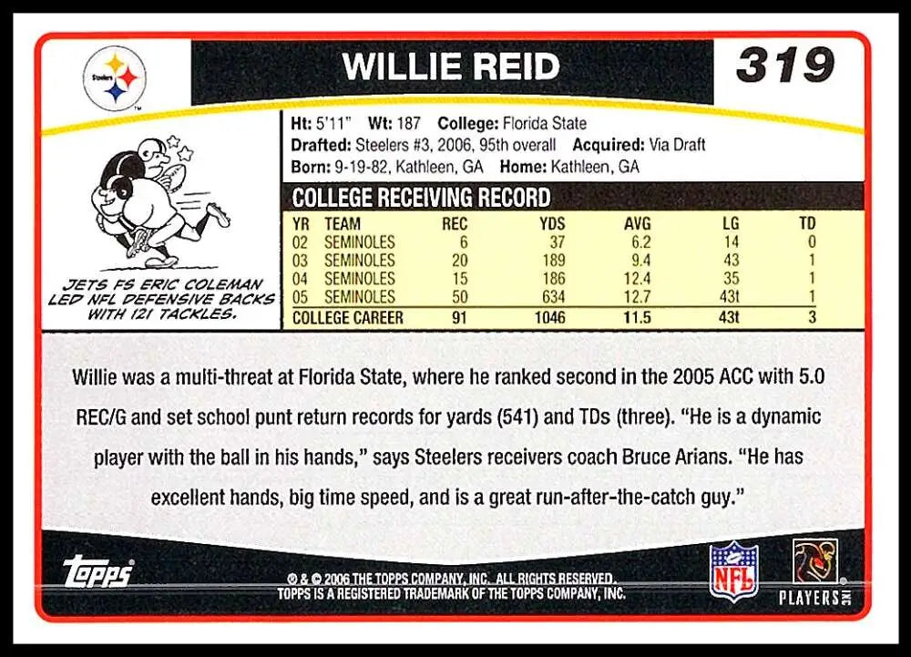 2006 Topps #319 Willie Reid NM-MT RC Rookie Pittsburgh Steelers Football Card - Football Card Single