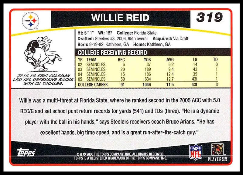 2006 Topps #319 Willie Reid NM-MT RC Rookie Pittsburgh Steelers Football Card - Football Card Single