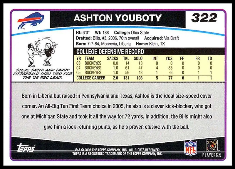 2006 Topps #322 Ashton Youboty NM-MT RC Rookie Buffalo Bills Football Card - Football Card Single