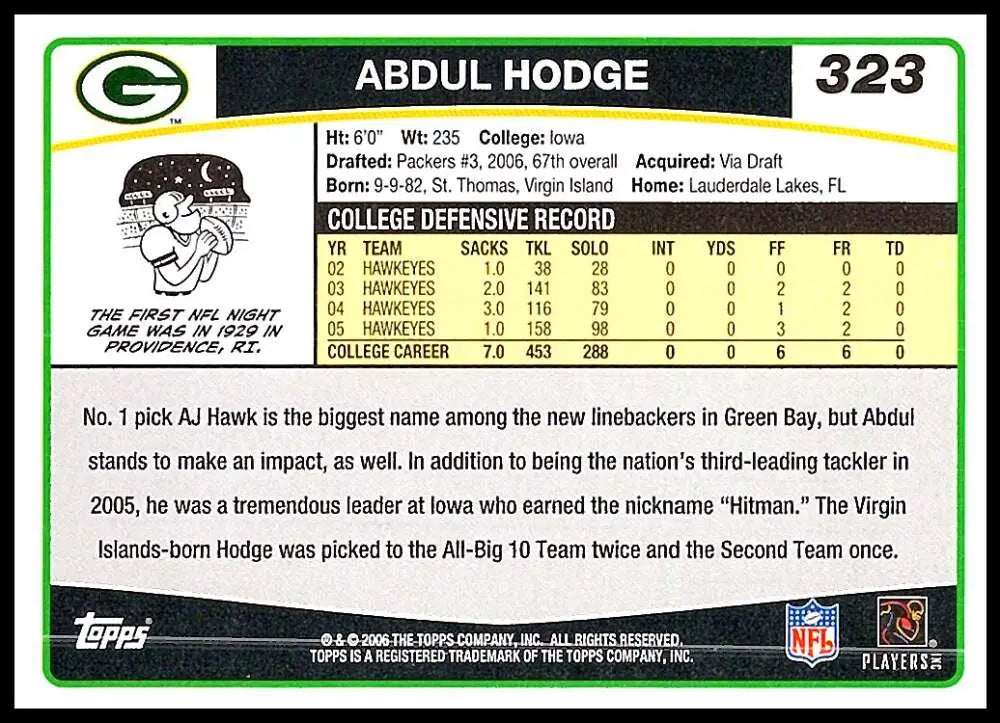 2006 Topps #323 Abdul Hodge NM-MT RC Rookie Green Bay Packers Football Card - Football Card Single