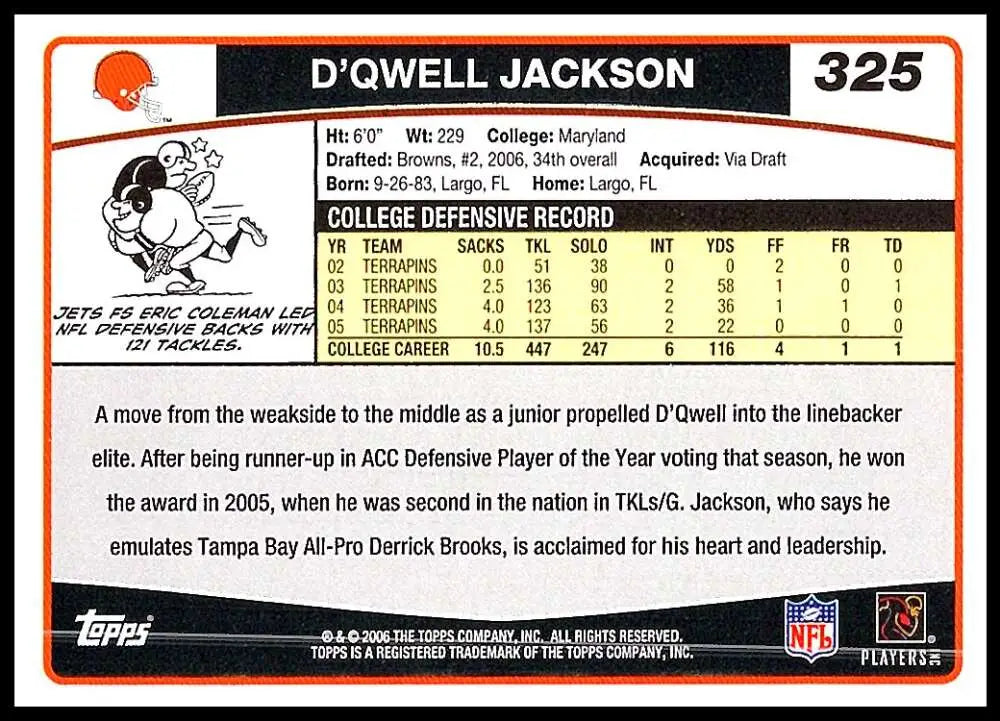 2006 Topps #325 D’Qwell Jackson NM-MT RC Rookie Cleveland Browns Football Card - Football Card Single