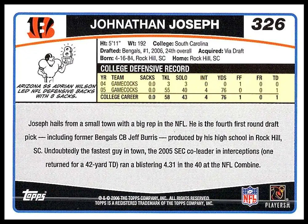 2006 Topps #326 Johnathan Joseph NM-MT RC Rookie Cincinnati Bengals Football Card - Football Card Single