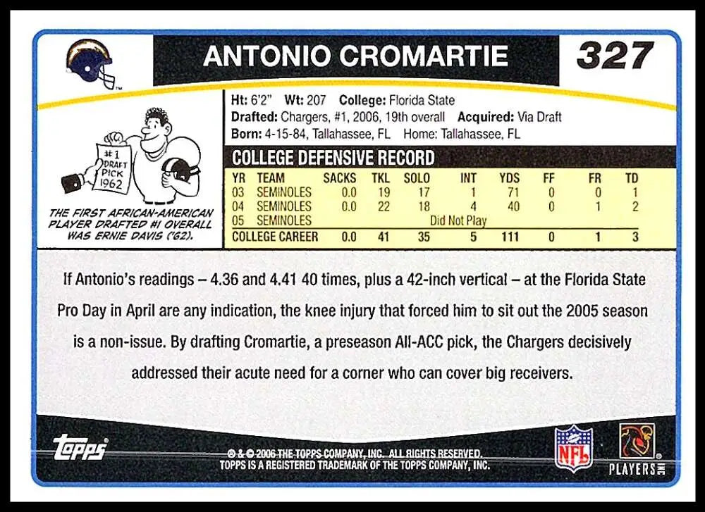 2006 Topps #327 Antonio Cromartie NM-MT RC Rookie San Diego Chargers Football Card - Football Card Single